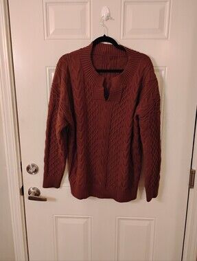 Women’s V-Neck Cable Knit Sweater - Chocolate Brown